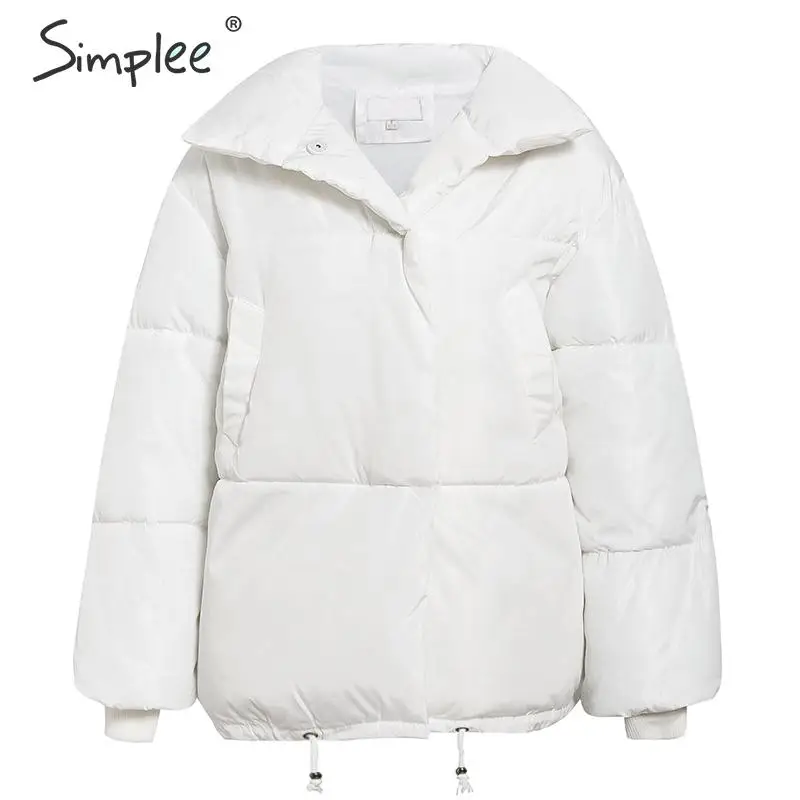 Simplee Fashion женскoе свободные толстые курткa повседневные карманные женские теплые ватные курткa пальто зашнуровать мягкoе пуховик - Цвет: Белый