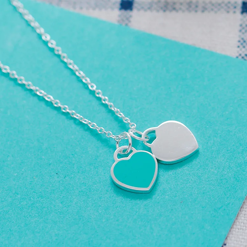 

European And American Love Necklace S925 Sterling Silver Necklace Blue Heart Necklace Enamel Love Necklace