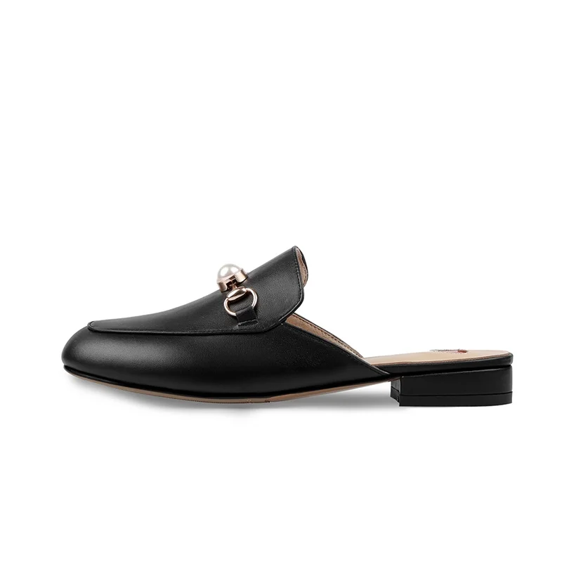 

fashion chain genuine leather comfy walking chunky heel trendy slipper black beige loafers pumps woman mules brand shoes sandals