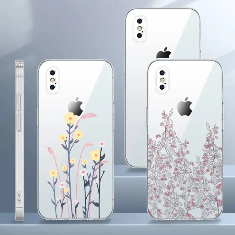 

Flower Plant Floral Painting Simple Phone Case Transparent For iPhone 13 12 Mini 11 Pro X XR XS Max 7 8 6 6s Plus SE Cover Coque