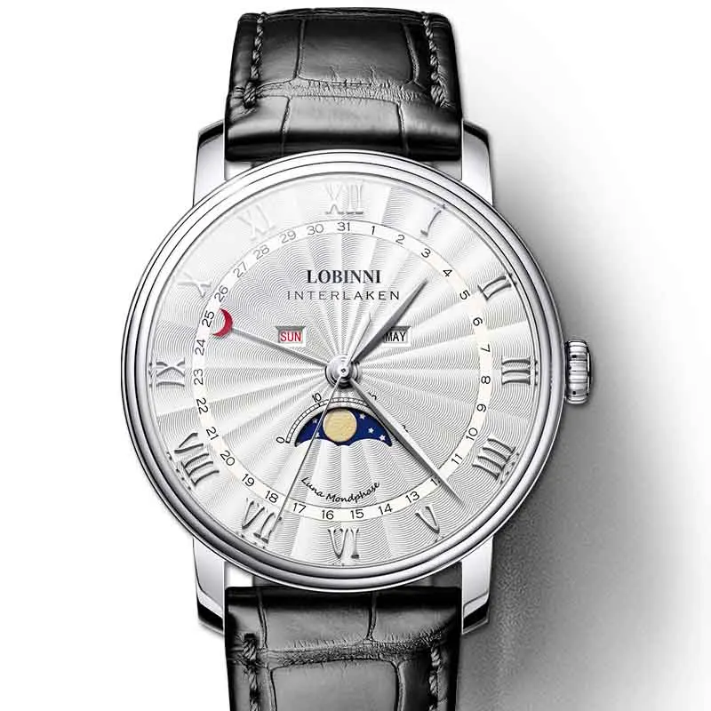 White Black LOBINNI Роскошные Брендовые мужские часы сапфир водонепроницаемый Moon Phase кварцевые часы мужские кожаные reloj hombre календарь horloges mannen - Цвет: White Black