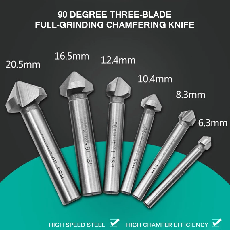 6pcs Multifunctional Milling Cutter 90 Degree Round Shank Three Flutes Chamfering Bit Household Tools Suitable For Wood Panel |