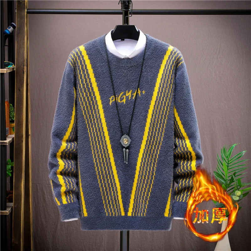

Men's New Sweater Mink Velvet Knit Sweater Thick Warm Round Neck Sweater Trend Shirt