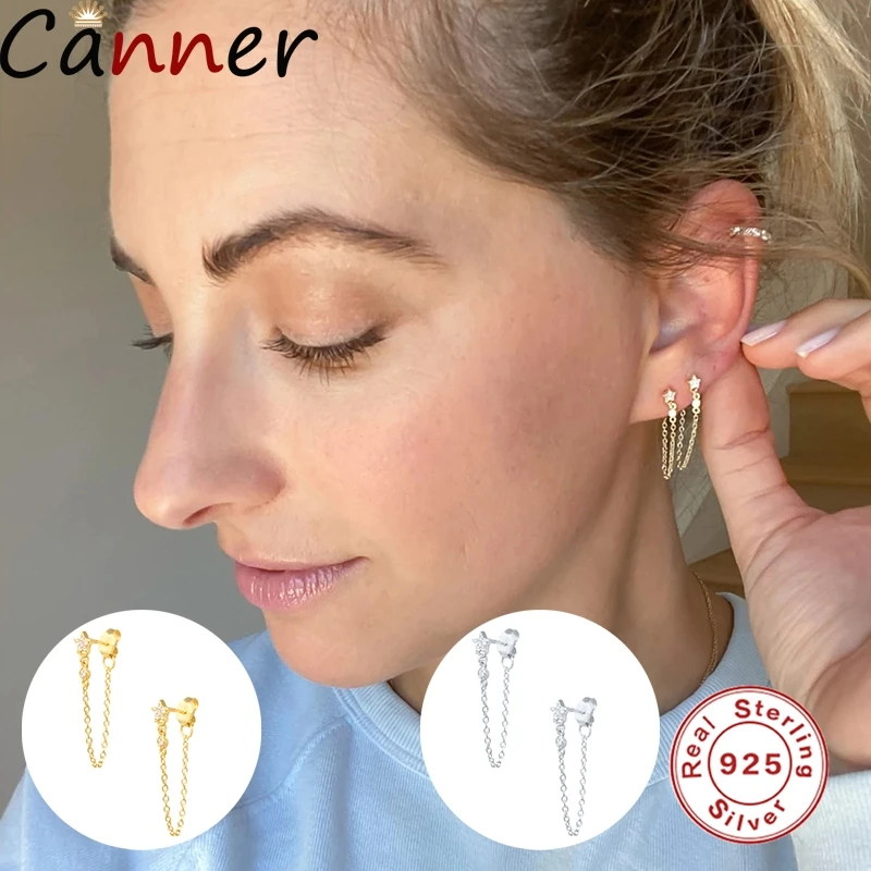 

CANNER Real Sterling 925 Silver Stud Earrings Star Inlaid crystal trend Tassel back hanging chain Earrings For Woman Gifts C8