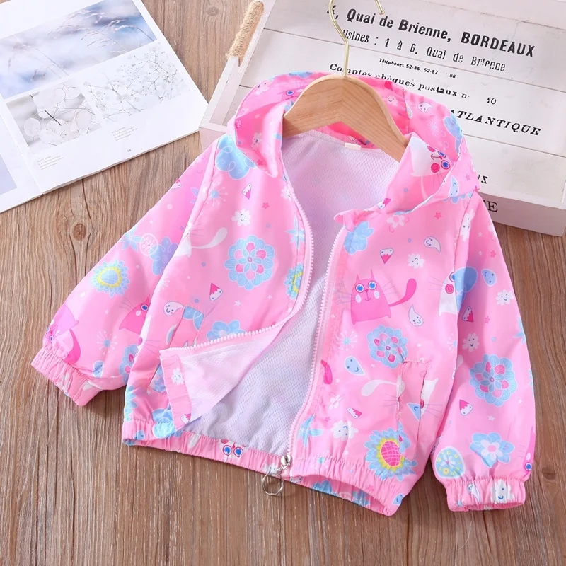 

Girls' Outerwear New Arrival Spring 2022 Autumn Long-sleeved Cartoon Cat Flower Coat Pink Girl 2-7 Years Apparel Little Girls