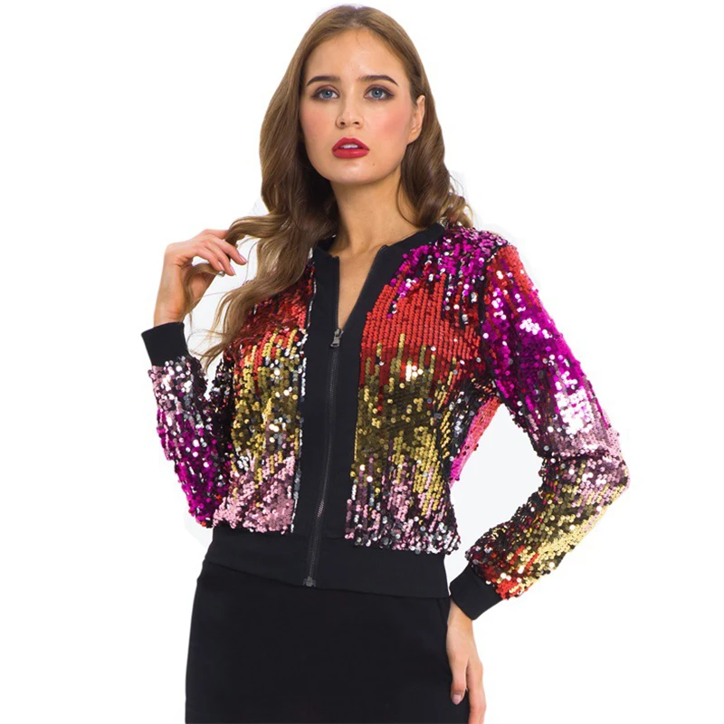 Lucyever новые цветные пальто с блестками женские куртки длинным рукавом на молнии