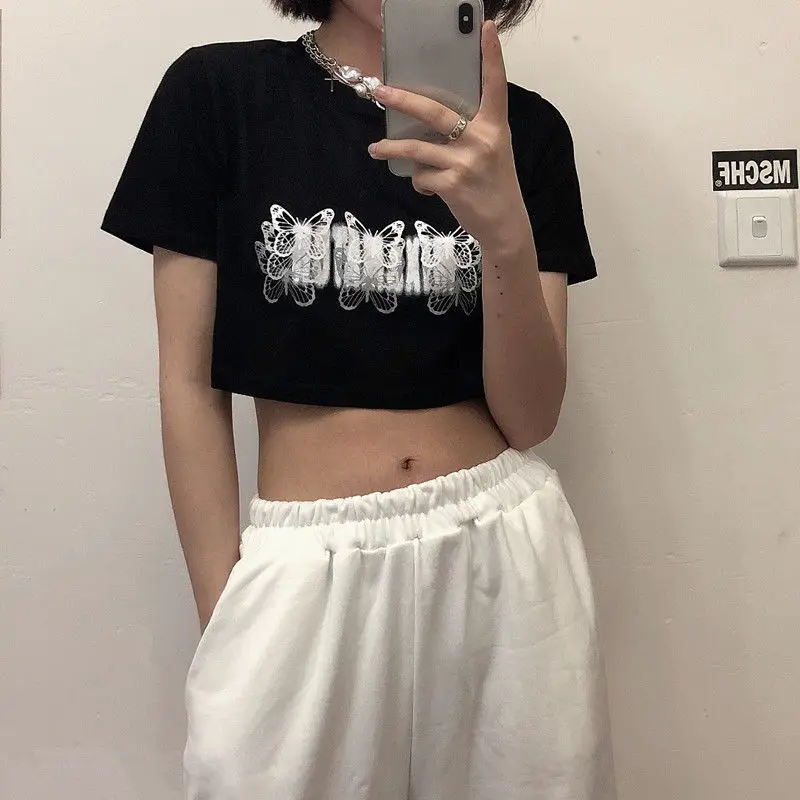 

Женские футболки, черные женские новые летние корейские версии Ins, рубашка с короткими рукавами в стиле ретро с бабочками, винтажная дропшип...