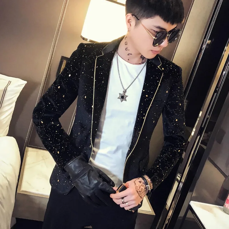 

Velvet Dots Printing Blazer Suit Jacket Mens Stage Jackets Slim Fit Wedding Mens Coat Designer Blazer Hombre Club DJ Clothers
