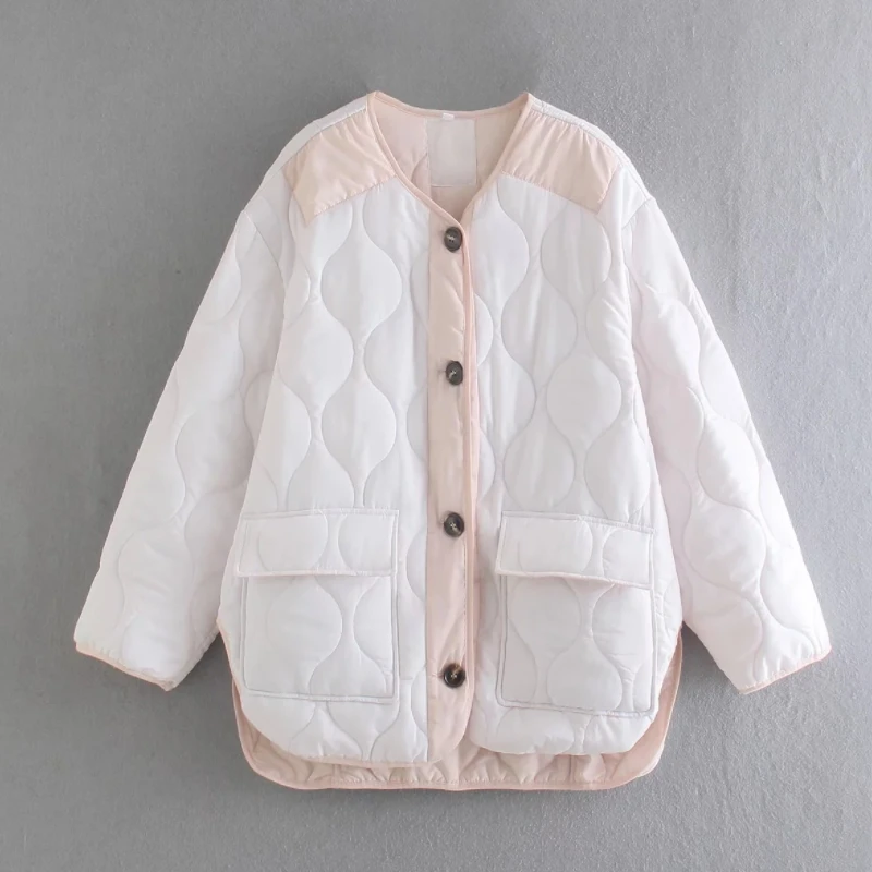 

Women Contrast Color Splicing Patch Pocket Quilted Coat Female Long Sleeve Outerwear Casual Lady Loose Tops C1287