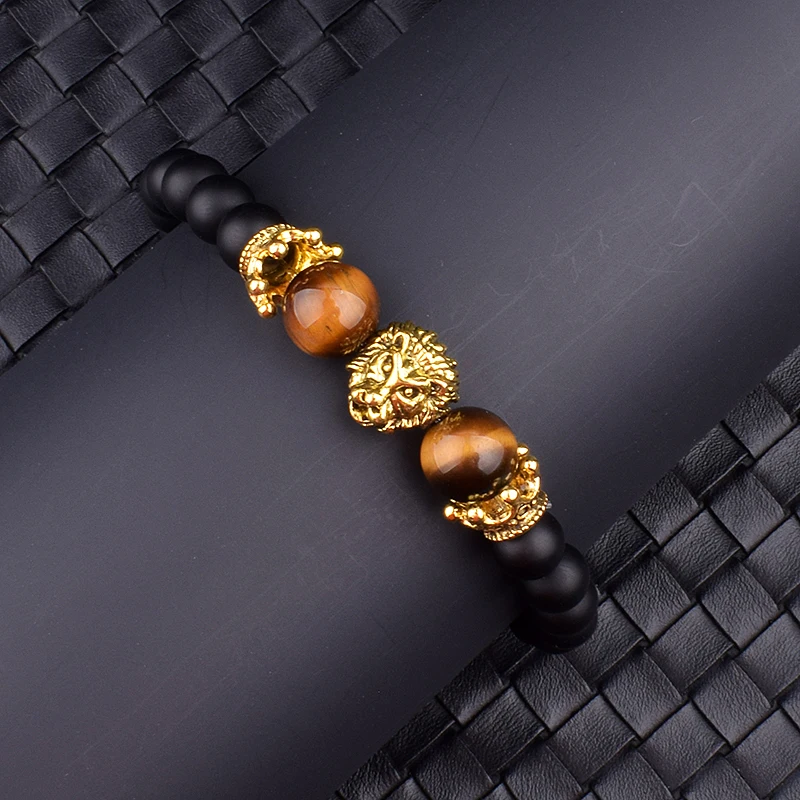 

Fashion Tiger Eye Lion Head Crown Bracelet Men Vintage Luxury High Quality Nature Stone Bracelets Jewelry Male Pulseira bileklik