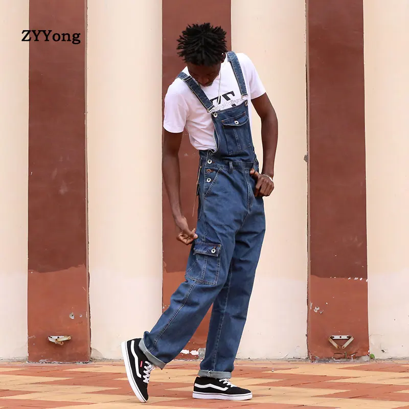 ZYYong European American tide brand hip-hop one-piece denim overalls men's Japanese retro loose pockets large size 30-46