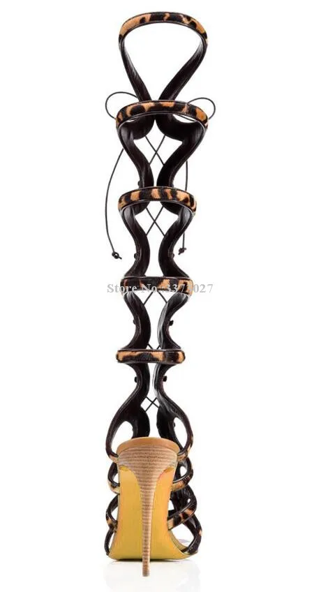 Jual Wanita Sexy Leopard Lutut Tinggi Sandal Sepatu Wanita New Cross Mengikat Renda-Up Sandal Sepatu Bot Panjang Fashion Besar Ukuran Perjamuan Sepatu