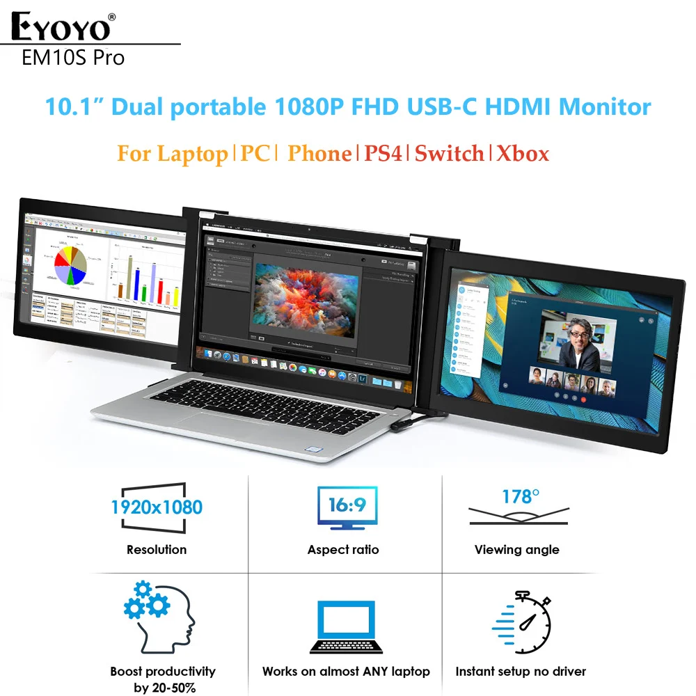 구매 Eyoyo-10.1 인치 듀얼 휴대용 게임 모니터 IPS 1920x1080 USB C HDMI 디스플레이 FHD 두 번째 화면, 노트북 PC 전화 PS4 Xbox 스위치