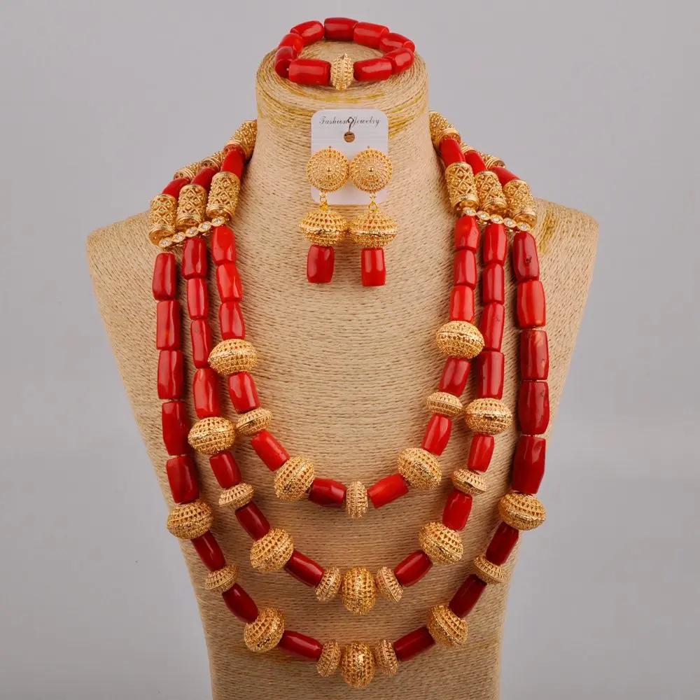 

Nigeria Simple Fashion Red Natural Coral Necklace Wedding Dress Accessories African Wedding Bride Wedding Jewelry Set AU-482