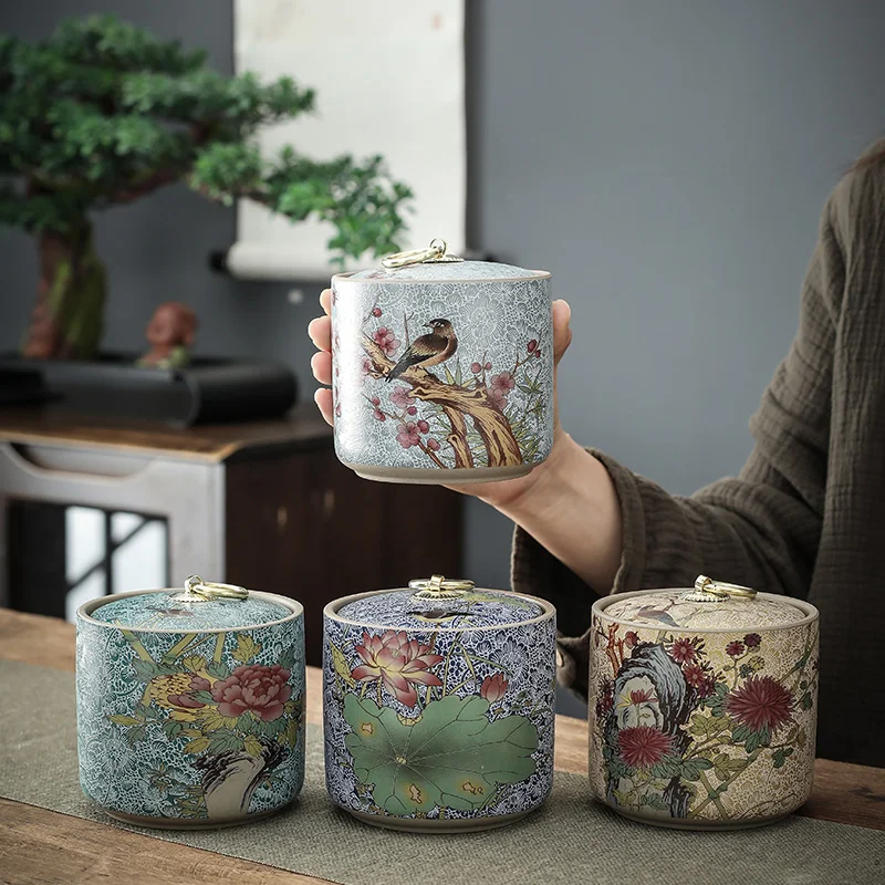 

Chinese Tea Pot with Lid Ceramic Sealed Storage Pot Household Retro Tea Box Moisture-proof Storage Pot Living Room Decoration