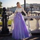 Элегантное фиолетовое лиловое тюль кружевное платье для выпускного вечера с длинными рукавами Глубокий круглый вырез трапециевидной формы с бантом на поясе для особых случаев