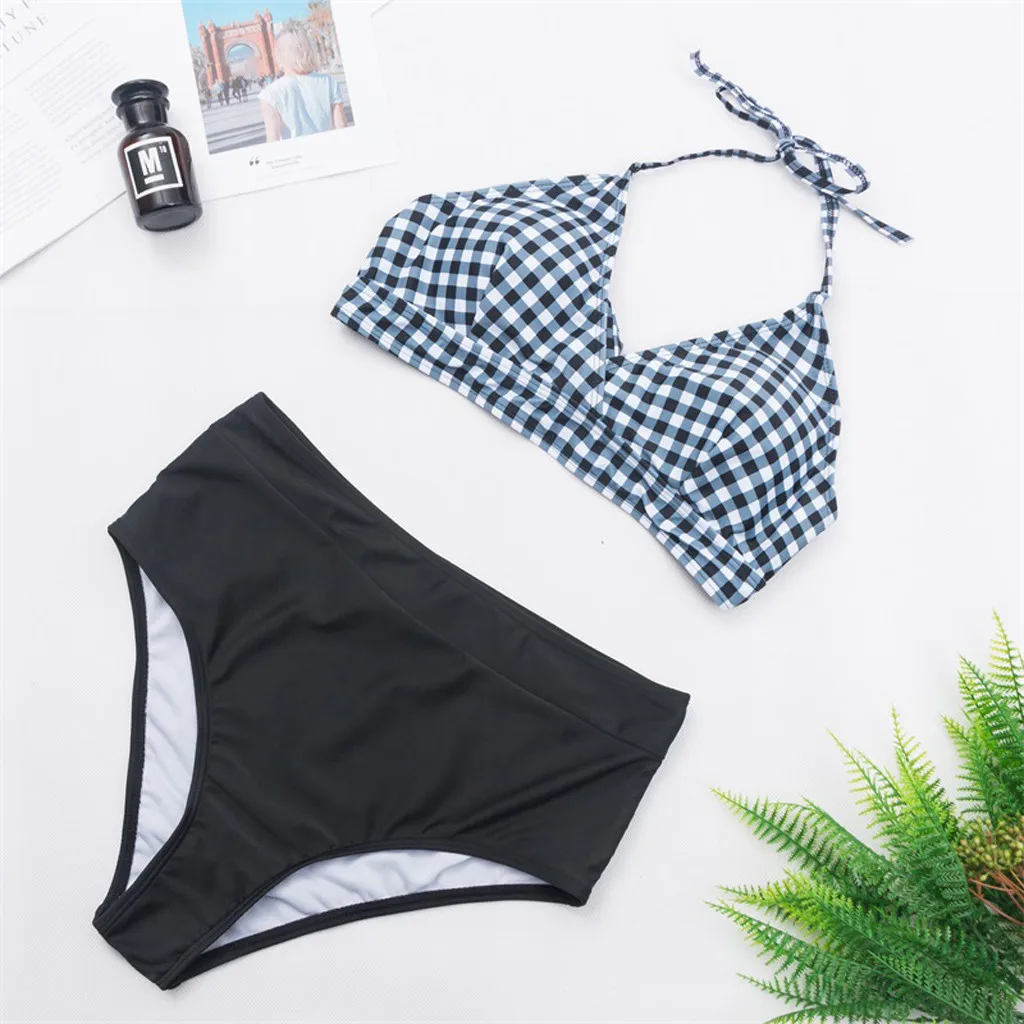 

Hot Summer Women Two Pieces Bathing Suits Plaid Print Ladies High Waisted Bottom Bikini Set Flower Printed swimming