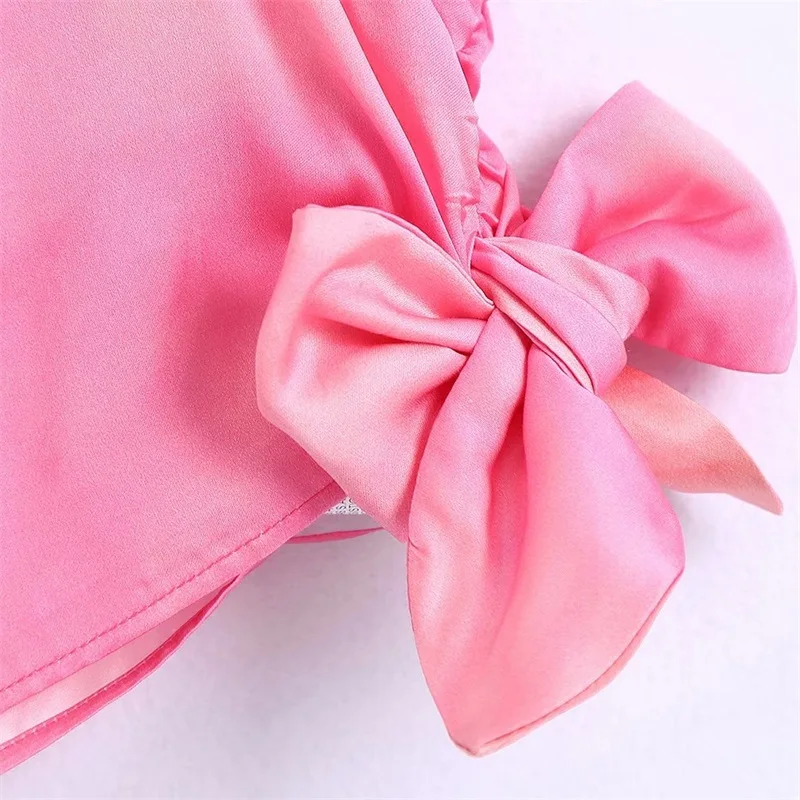 

MESTTRAF Women 2021 Fashion With Bow Tied Tie-Dye Asymmetric Crop Blouses Vintage Long Sleeve Side Zipper Female Shirts