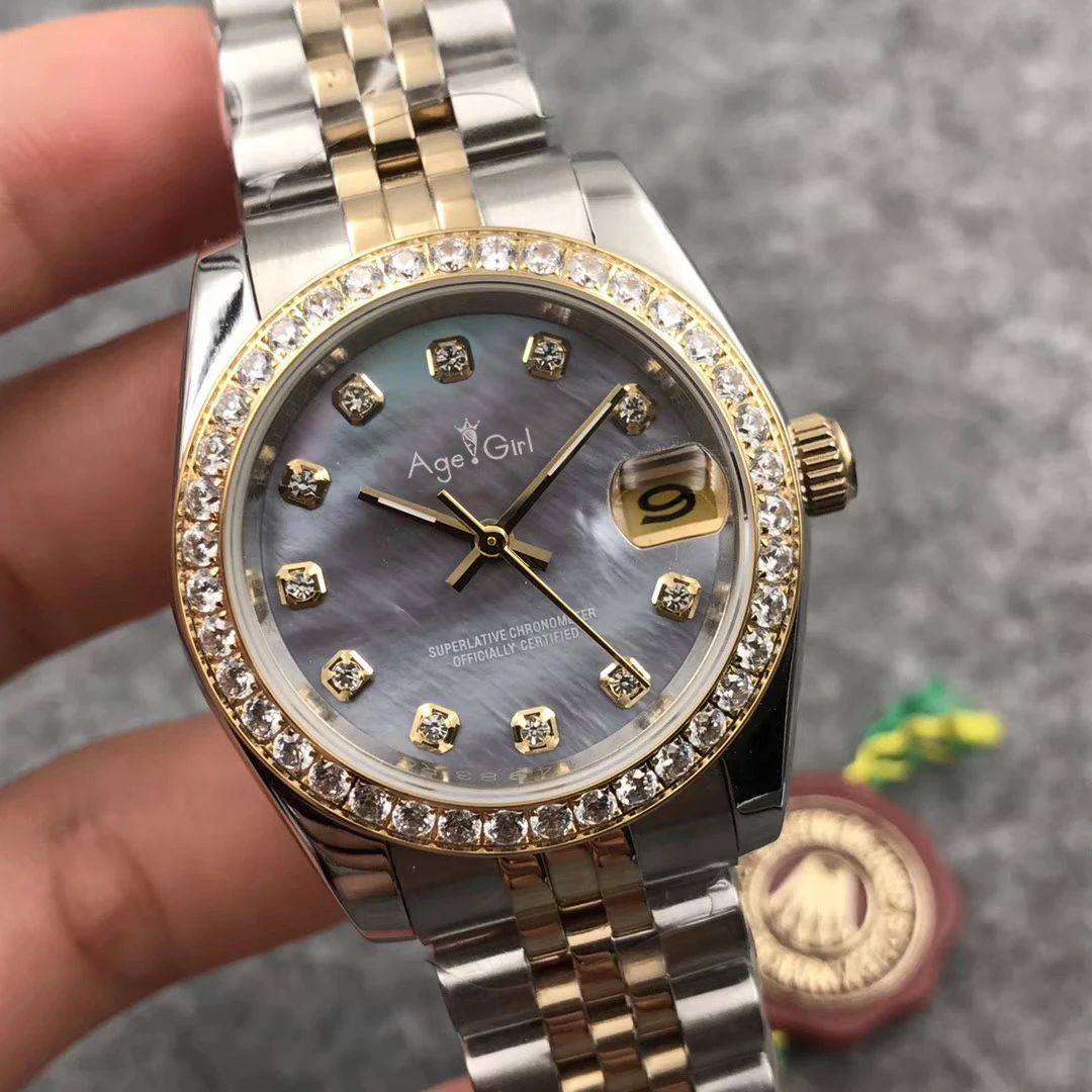 Роскошные брендовые новые женские часы Datejust из нержавеющей стали автоматические механические сапфировые золотые корпус Серые Бриллианты Циферблат Безель часы 31 мм AAA