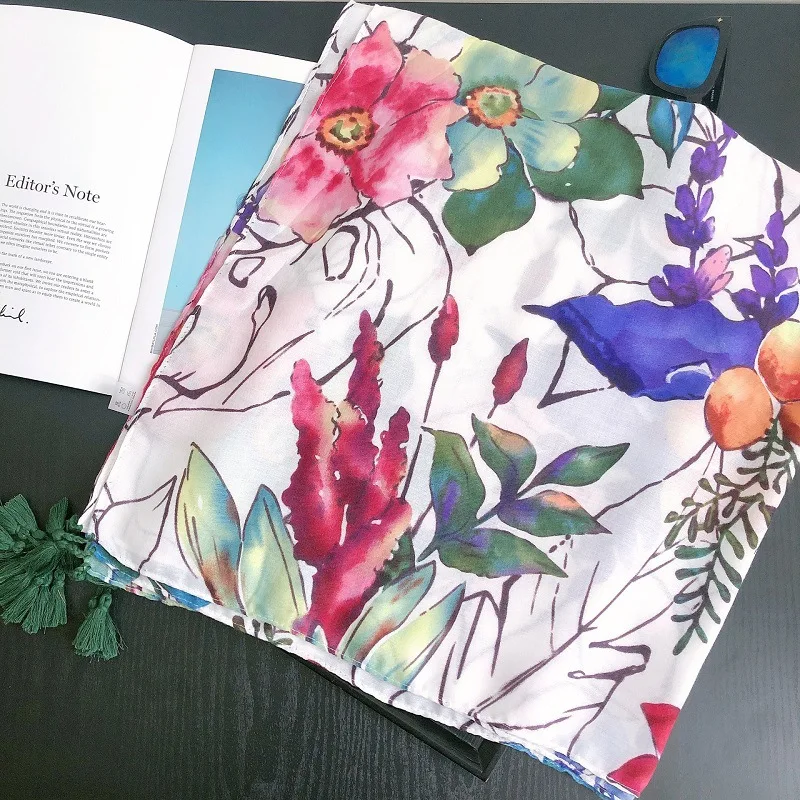 

Luxury New Fashion Autumn Viscose Scarf Pure Real Floral Tassel Beach Hijab Shawls and Wraps Female Foulard Echarpe Muslim Hijab