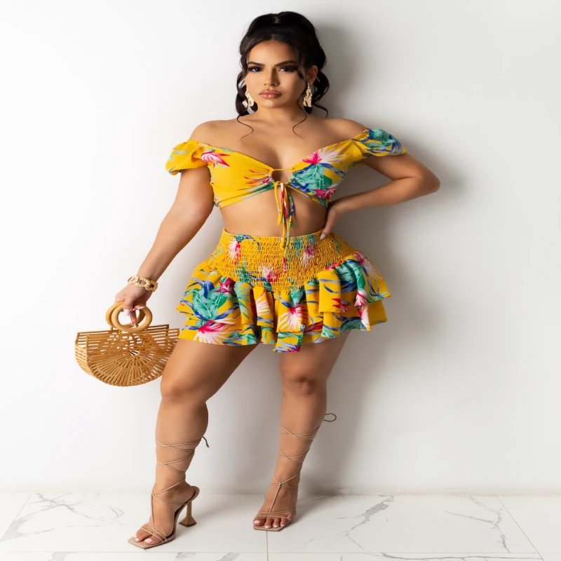 

Fashion Floral Print Vintage Sexy Dresses Chiffon Wrap Chest Two Sets Ruffled Draped Mini Dress