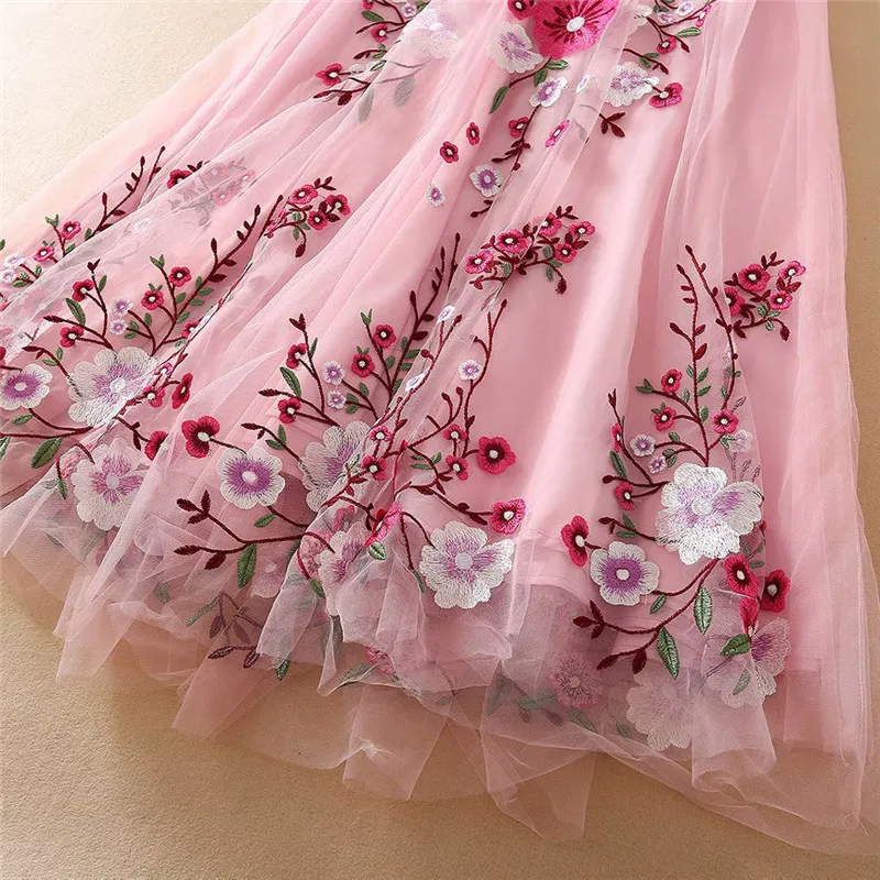 

2021 Spring Summer Floral Embroidery Mesh Long Dress Runway Designer Woman Clothes Elegant Princess Robe Femme Party Vestidos