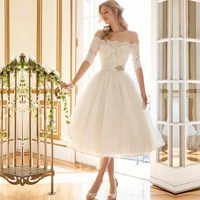 white ivory customize vestido de noiva 2021 short dress wedding dress half sleeves lace illusion bridal gowns with beading belt