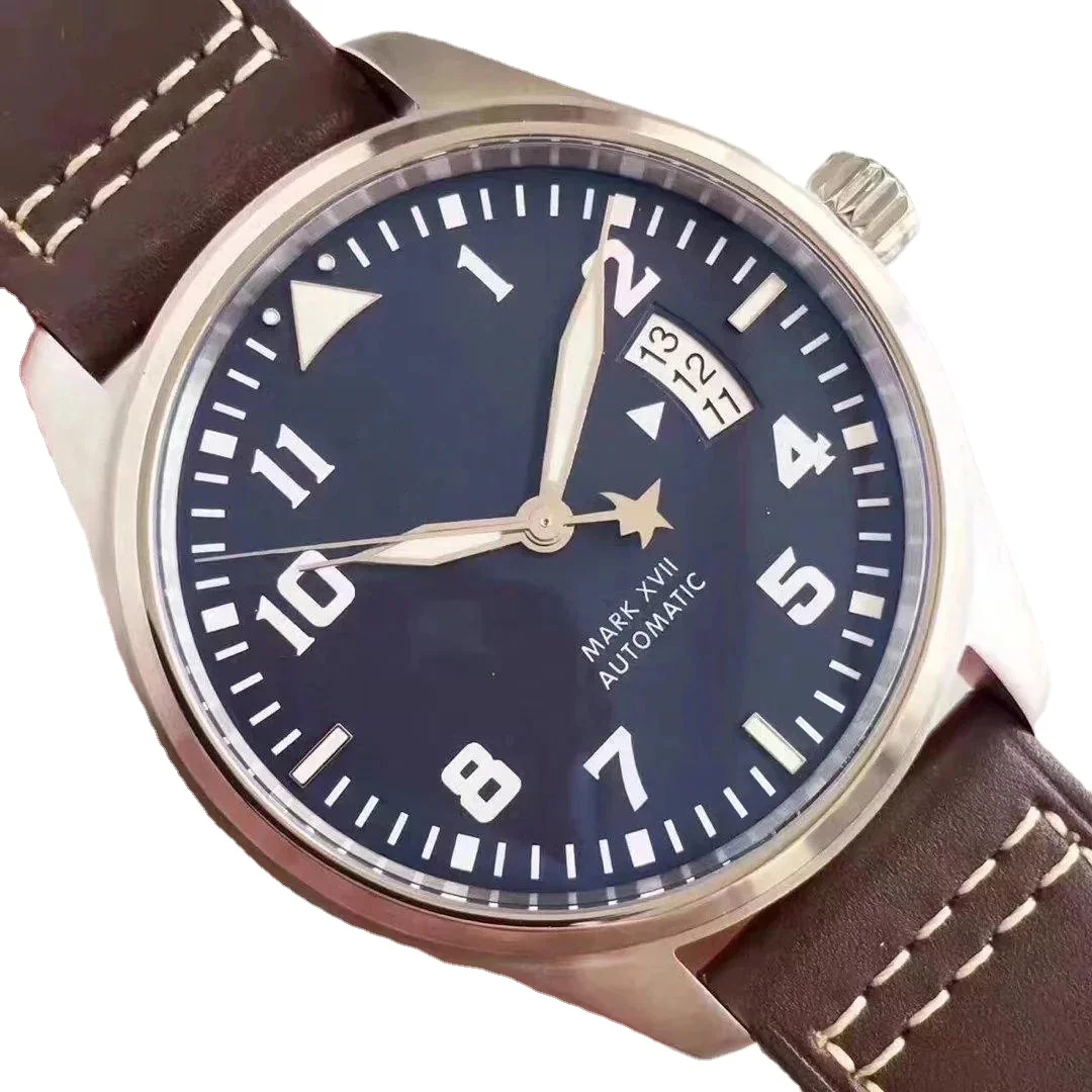 

New Men's Automatic Mechanical Pilot Watch MARK XVII Brown Leather Black Blue Sport Stainless Steel Sapphire Crystal