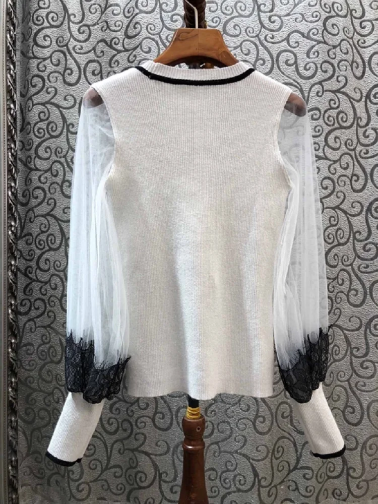 

Spring Fashion 2021 Pullovers and Sweaters Women Sexy Sheer Mesh Lace Patchwork Long Sleeve Casual Knitted Tops Ladies Jumper