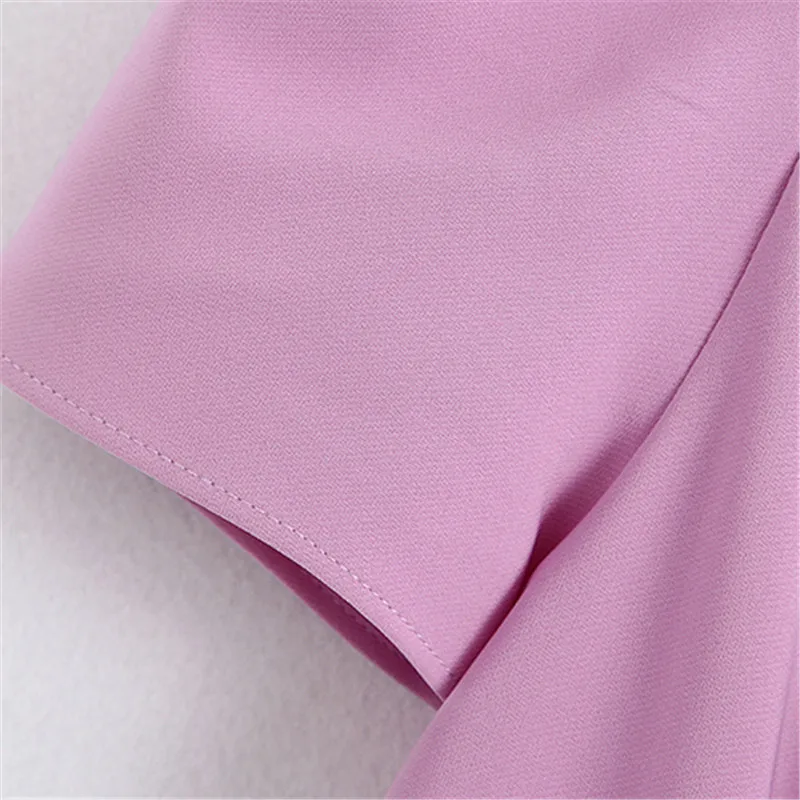 

Sweet Chic Office Wear Violet Playsuit Cross V Neck Puff Sleeve Blazer Style Rompers Bow Tie design Female Jumpsuit