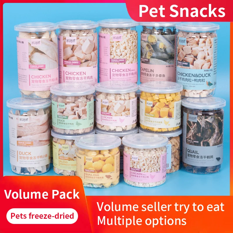 

Pet snacks canned freeze-dried chicken, duck, beef, three texts cod quail eggs, yellow eggs, cats and dogs freeze-dried.