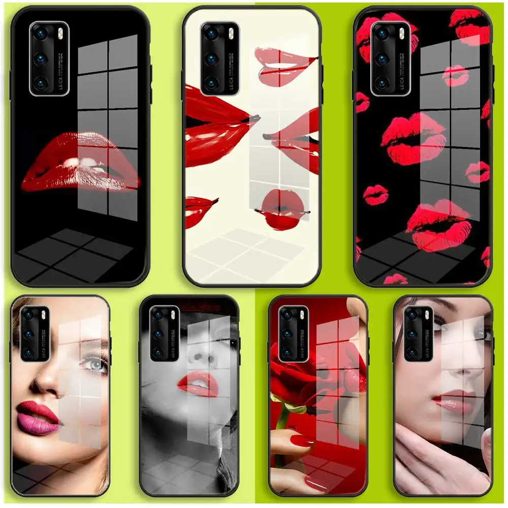 

Case For Samsung A10 A12 A13 A14 A20 A30 A31 A32 A33 A34 A51 A52 A53 A54 A70 A71 A72 A73 Balck Glass Cover Red lips beauty