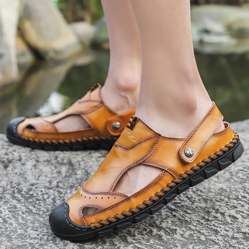 Сандалии мужские ручной работы кожаные тапочки для отдыха пляжные дышащие