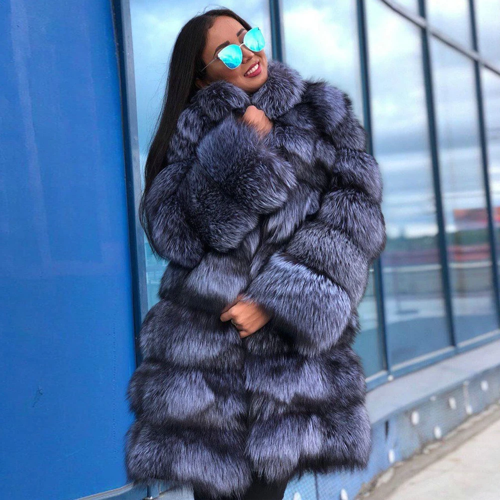 Fashion Long Silver Fox Fur Coat Natural Women High Quality Whole Skin Genuine Fox Fur Coat Stand Collar Warm Fur Overcoat 2022