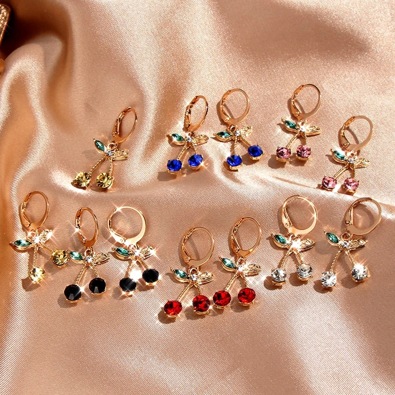 

JUST FEEL Korean Cute Cherry Drop Earrings for Women Multicolor Crystal Fruit Earrings Fashion Small Fresh Jewelry Party Gift