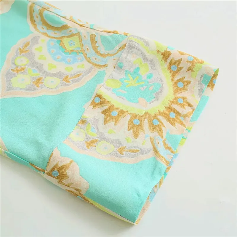 

LVWOMN Za 2021 Bow Women Blouses Long Sleeve Casual Shirts Woman Green Print Tied Belt Button Up Summer Beach Holiday Long Shirt