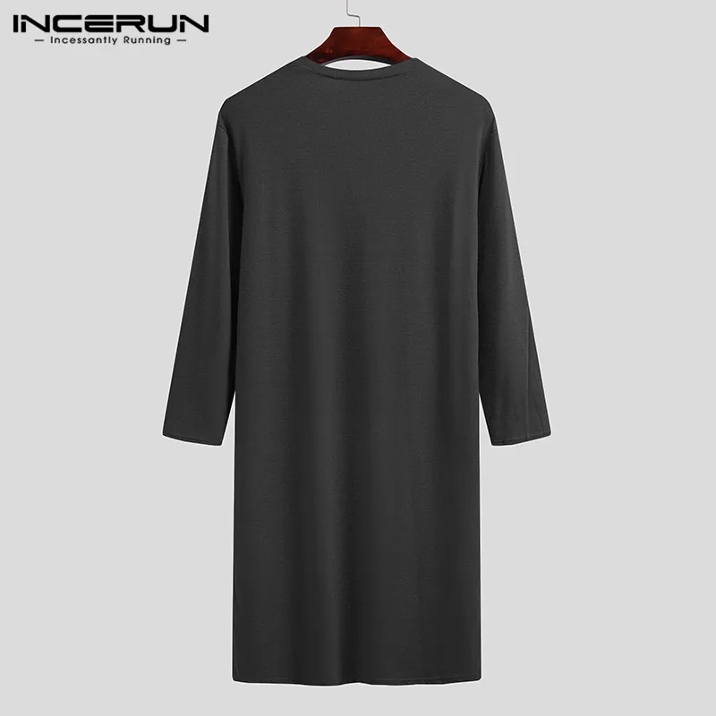 

Men Robes Sleepwear Solid Color Long Sleeve Soft Comfortable Homewear V Neck Loose Leisure Nightgown Men Bathrobes S-3XL INCERUN