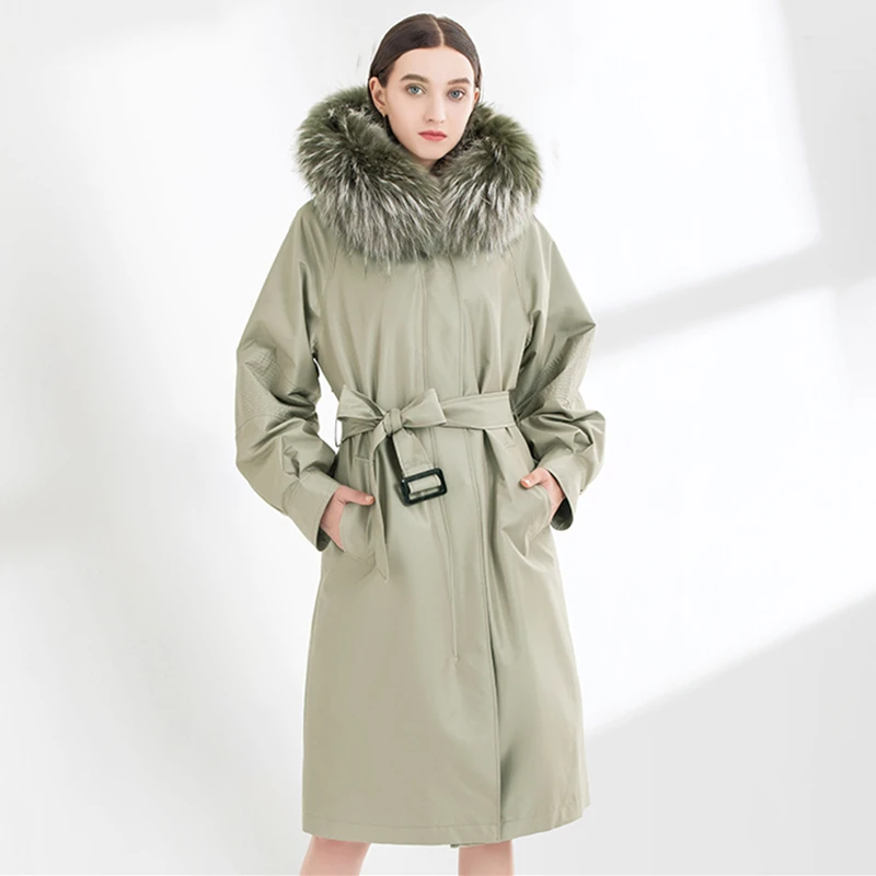 

Pai Overcome Women's Warmth 2021 Winter New Rex Rabbit Liner Detachable Raccoon Collar Mid-length Slim Fur Coat Yes Sashes