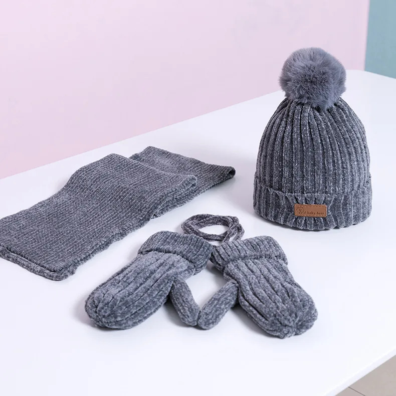 Gray 3Pcs 2 шт./3 шт./компл., детские наборы шарф Шапка Зимняя Теплая Бархатная шапка шарф перчатки для маленьких мальчиков и девочек, костюмы хлопковая шерсть Младенческая шапочка, шапки - Цвет: Gray 3Pcs