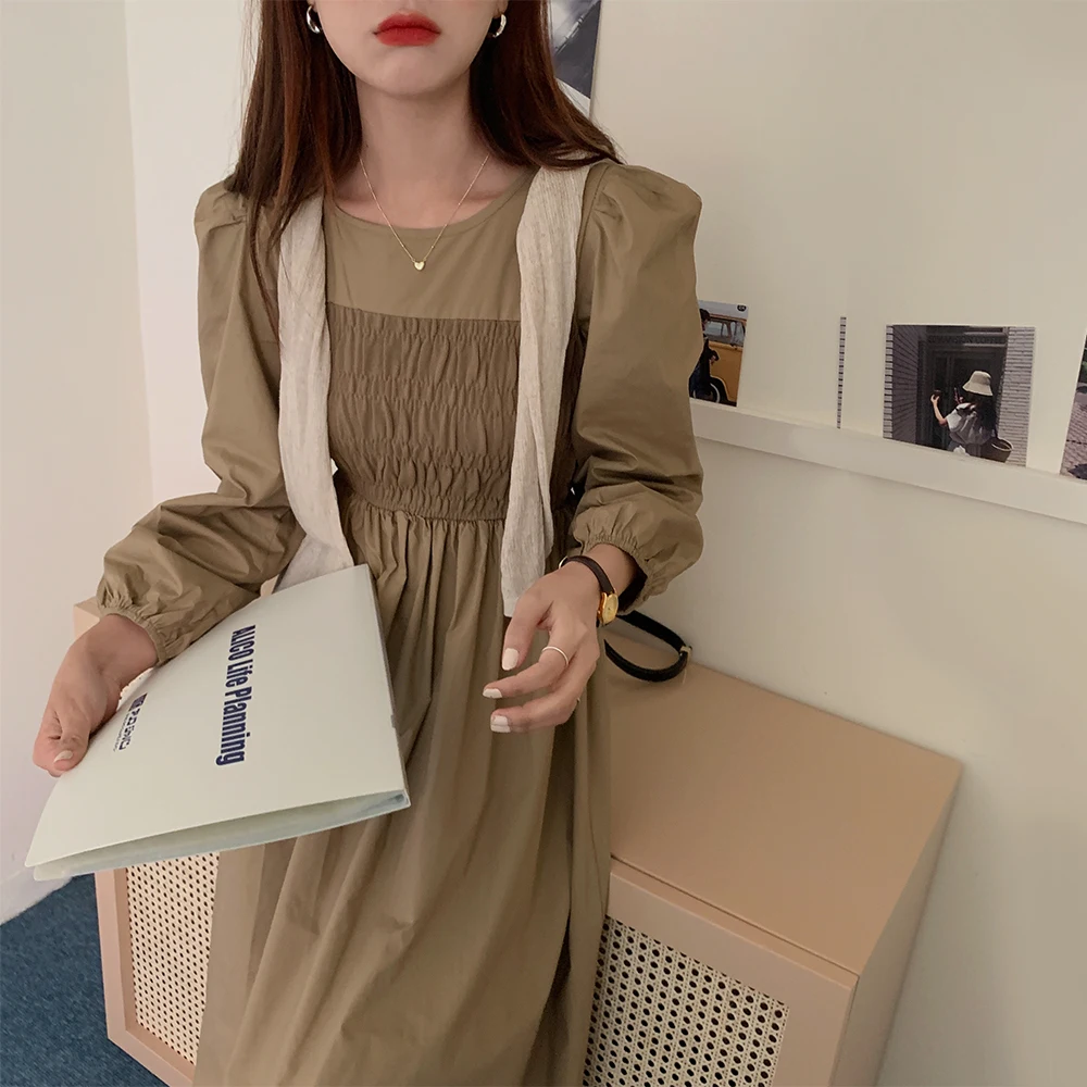 

Vintage Elegant Khaki Full Sleeve Women Dress Casual Patchwork Female Maxi Runway Dress 2021 Spring