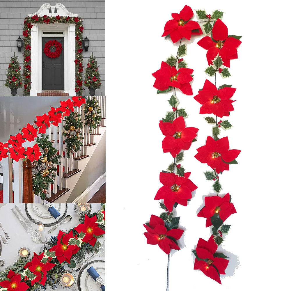 

Рождественские пуансеттийские цветы, яркие гирлянды, украшения для рождественской елки, домашний декор для помещений и улицы, 2 м