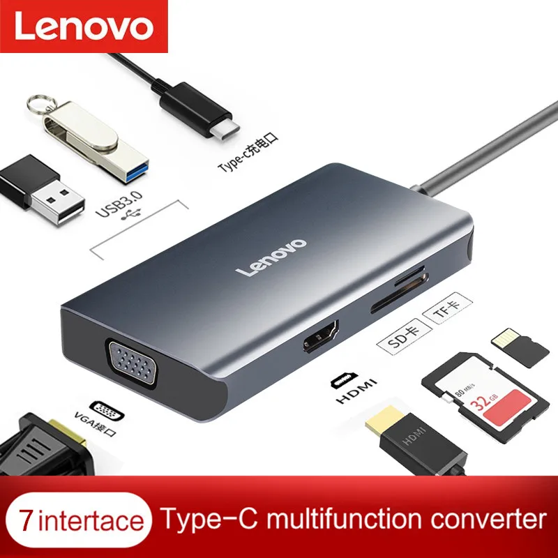 Lenovo USB C концентратор для портативных ПК HDMI VGA устройство считывания карт памяти