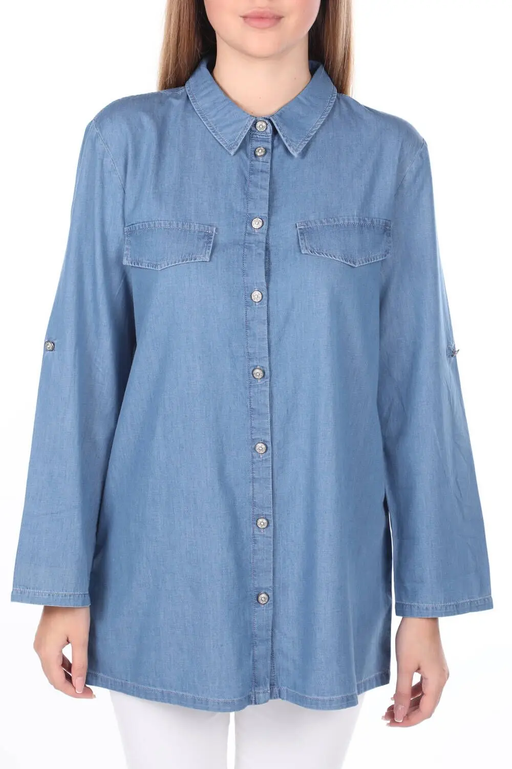 

Buttoned Wide Cut Blue Womens Jean Shirt
