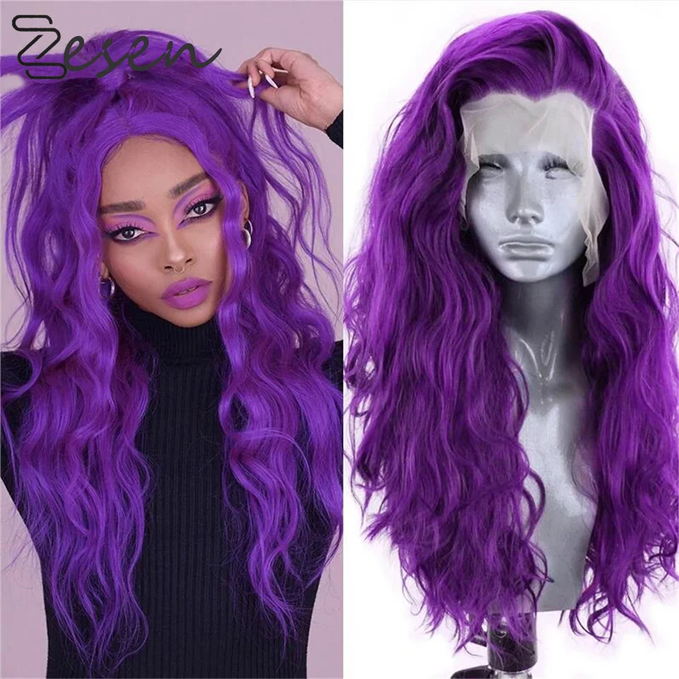 

Парик Zesen с длинными волнистыми волосами фиолетового цвета, синтетический парик на сетке спереди, парики из высокотемпературного волокна д...
