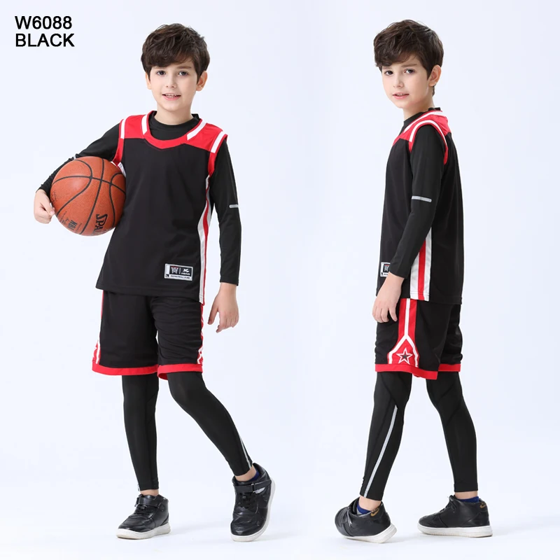 W6088 black 4 шт./компл. Детские зимние штаны сжатия спортивные костюмы баскетбольные майки Тренажерный зал Спортивный тренировочный баскетбольная форма - Цвет: W6088 black