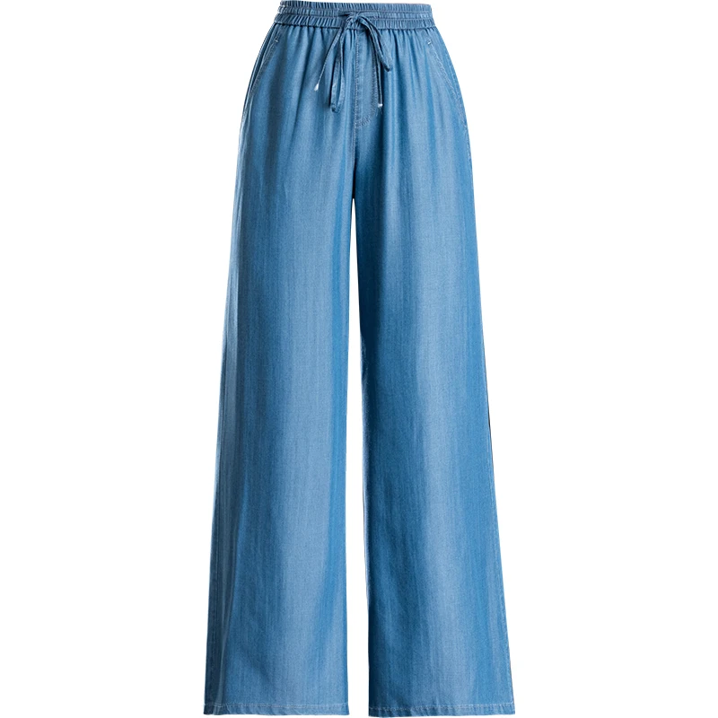 

Women wide leg tencel pants high waist elastic casual loose full length jeans free shipping for summer