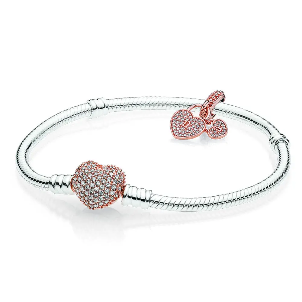 

NEW 100% 925 Sterling Silver Rose Double Heart Bracelet Gift Set fit DIY Original charm Bracelets jewelry A set of prices