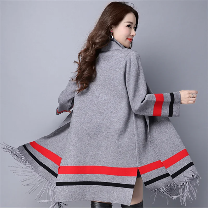 Autumn Winter New Womens Knitwear Cardigan coat 2020 Fashion Striped Tassel Scarf Collar Long Sweater women Thick warm Sweaters |