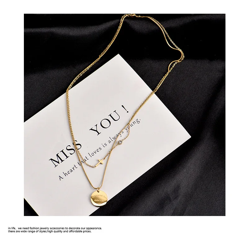 Оптовая партия нержавеющей стали Двойное круглое кольцо монеты ожерелье для женщин Крестовина Цепь Ювелирных изделий.