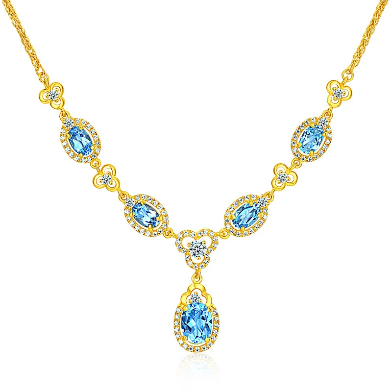 

Foydjew New 18K Gold Plated Inlaid Blue Topaz Necklaces Luxury Water Drop Pear-shaped Chain Pendant Fine Neck Jewelry Wholesale
